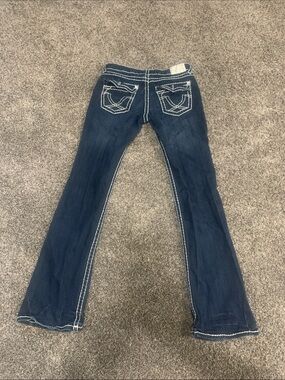 L.A.idol Dark Blue Flare Jeans with White Contrast Stitching w Diamond Buttons